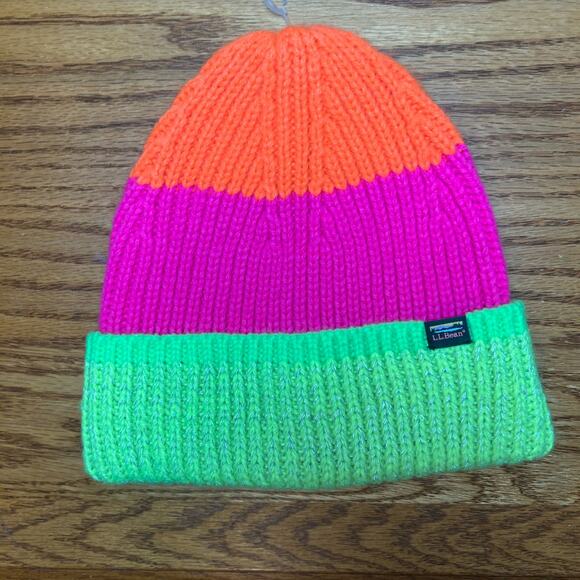 L.L.Bean Youth Beanie Neon Pink Green Orange Ski Winter Hat - Picture 2 of 4